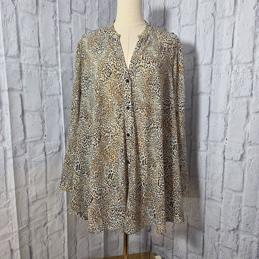Chico's 2 (Large) Animal Print Dressy Casual Sheer Longsleeve Button Up Blouse
